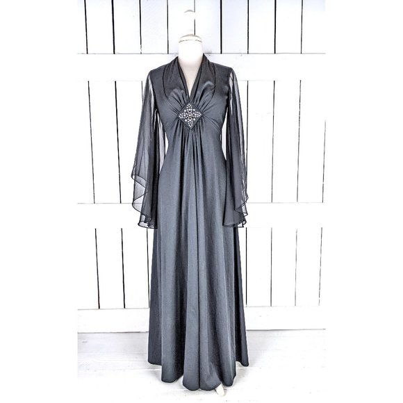 Vintage 70s black fitted sheer flutter bell sleeve rhinestone maxi dress - Picture 1 of 5